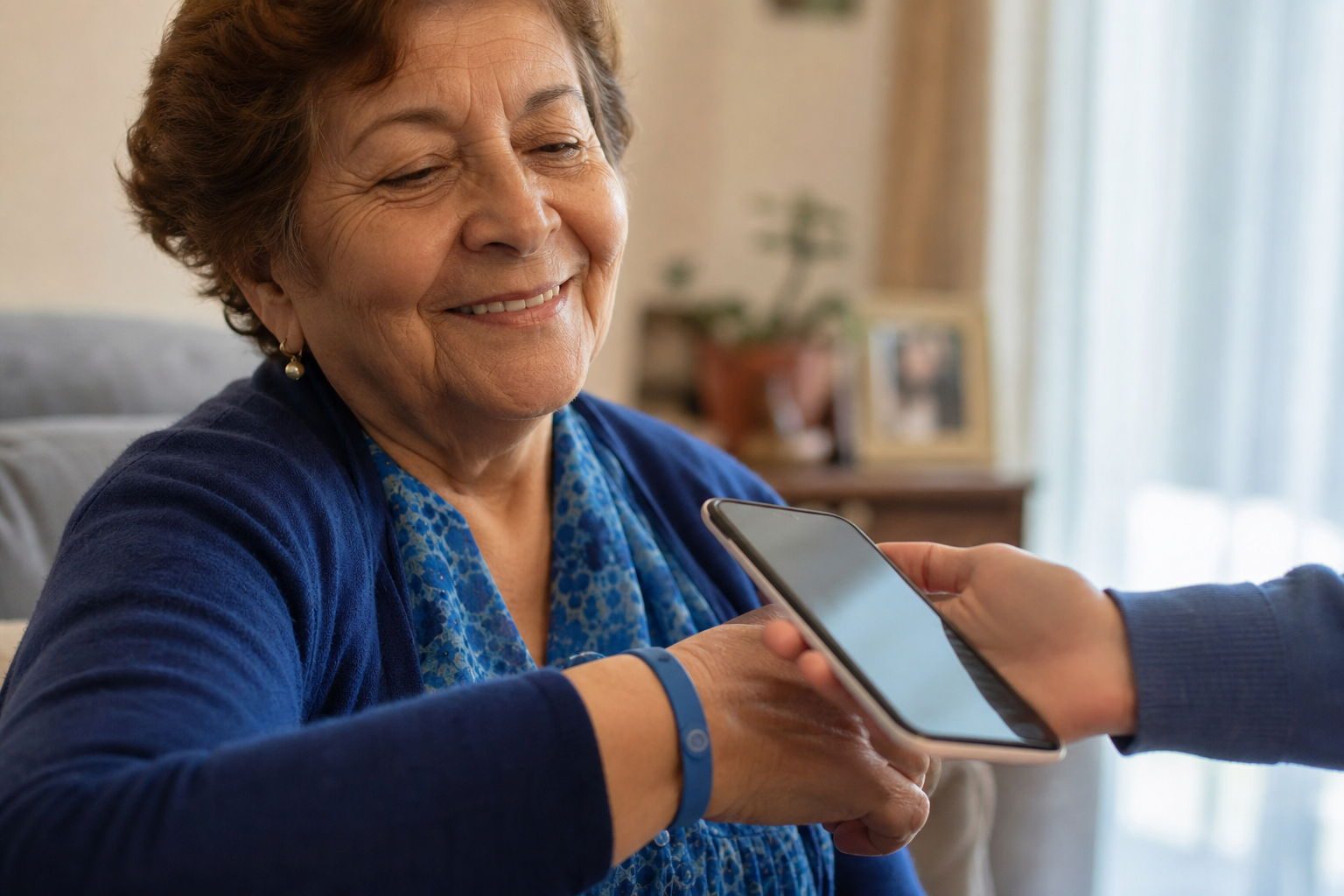Adulto mayor con pulsera NFC siendo asistida por un familiar con teléfono móvil